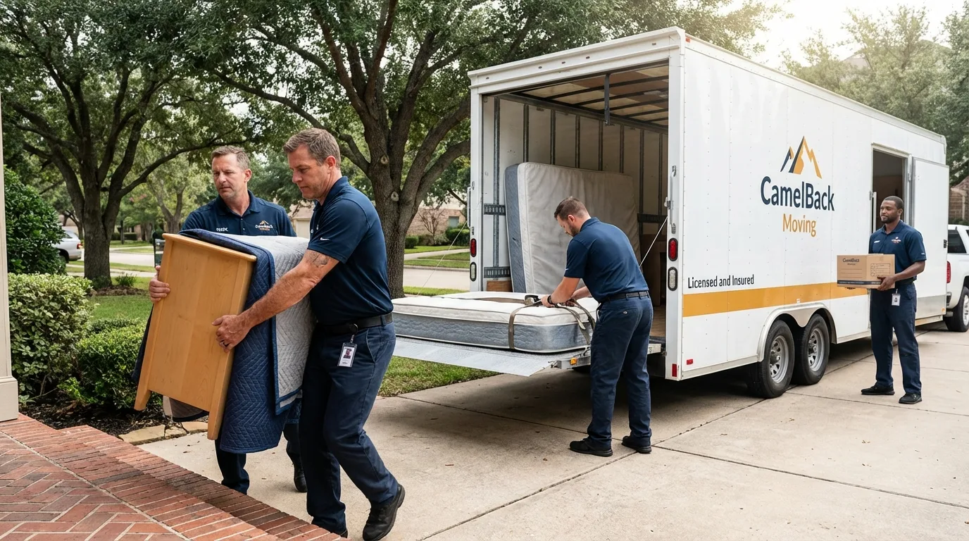 Crew loading residential truck for cross-state move from Hometown, IL