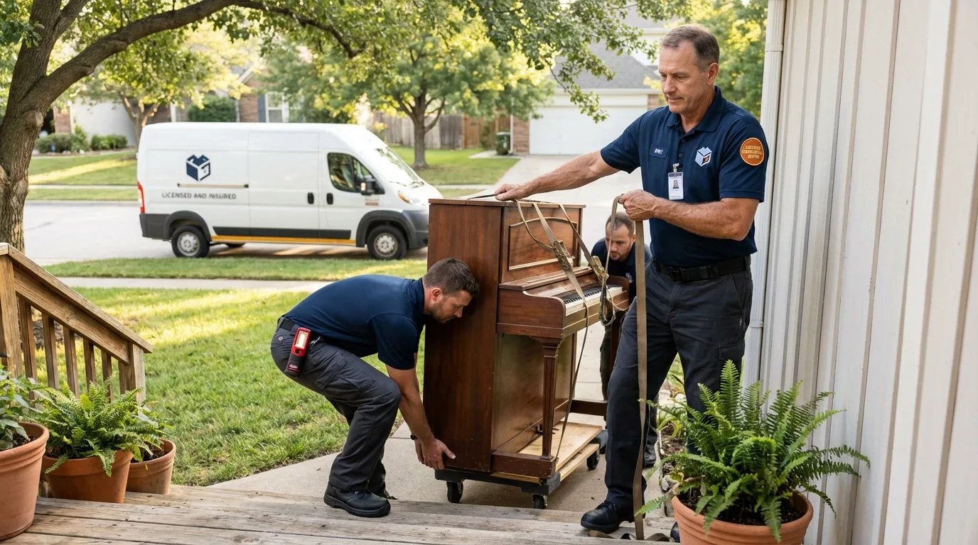Licensed piano movers securing grand piano in Hometown, IL