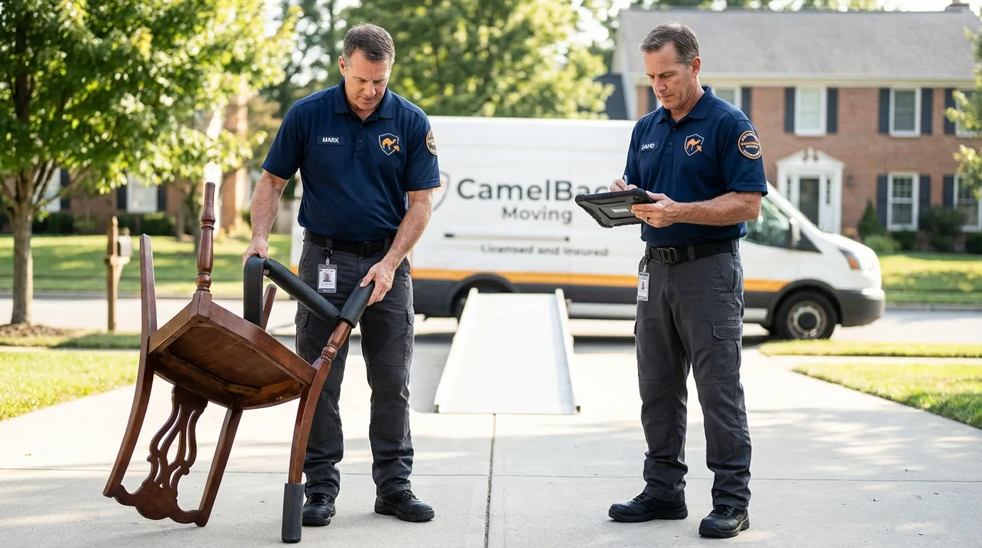 Movers inspecting furniture for damage prevention before loading in Hometown, IL