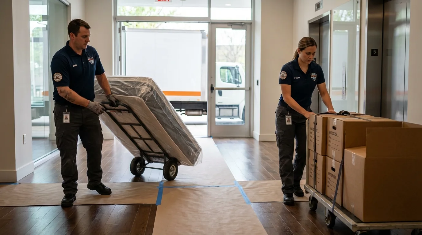 Professional apartment movers loading elevator in Hometown, IL